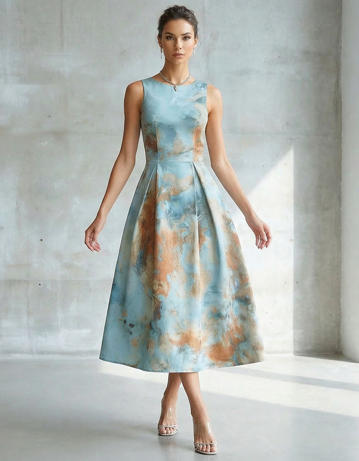 Orange Toned Sleeveless Fitted Waist Flared Midi Dress