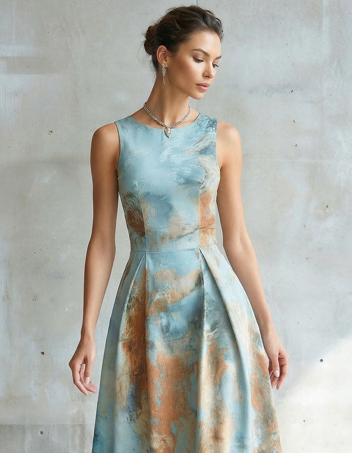 Orange Toned Sleeveless Fitted Waist Flared Midi Dress