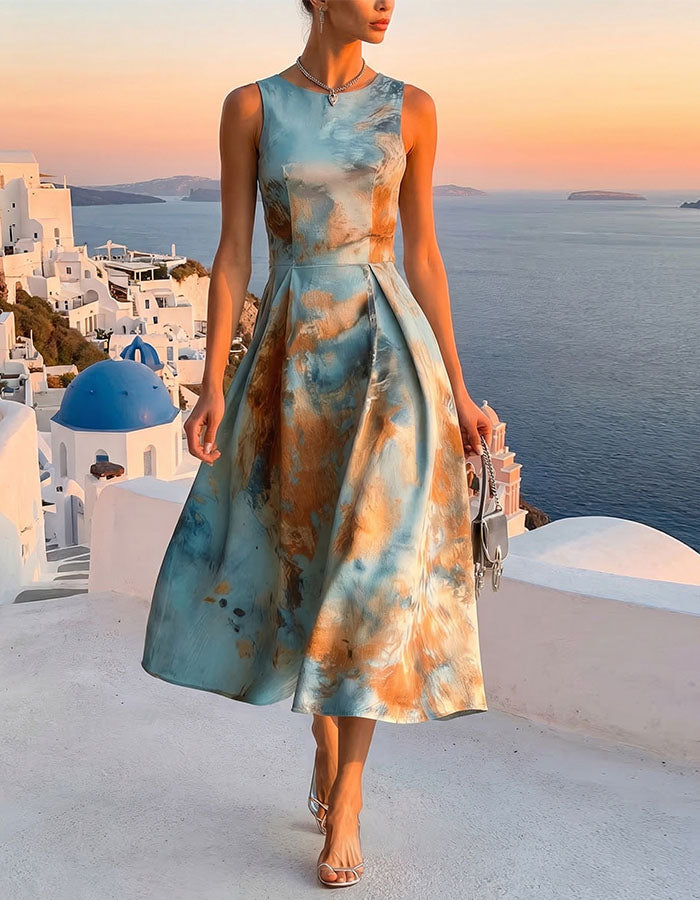 Orange Toned Sleeveless Fitted Waist Flared Midi Dress