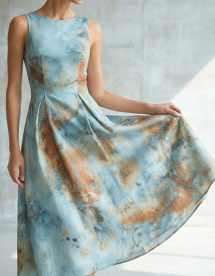 Orange Toned Sleeveless Fitted Waist Flared Midi Dress