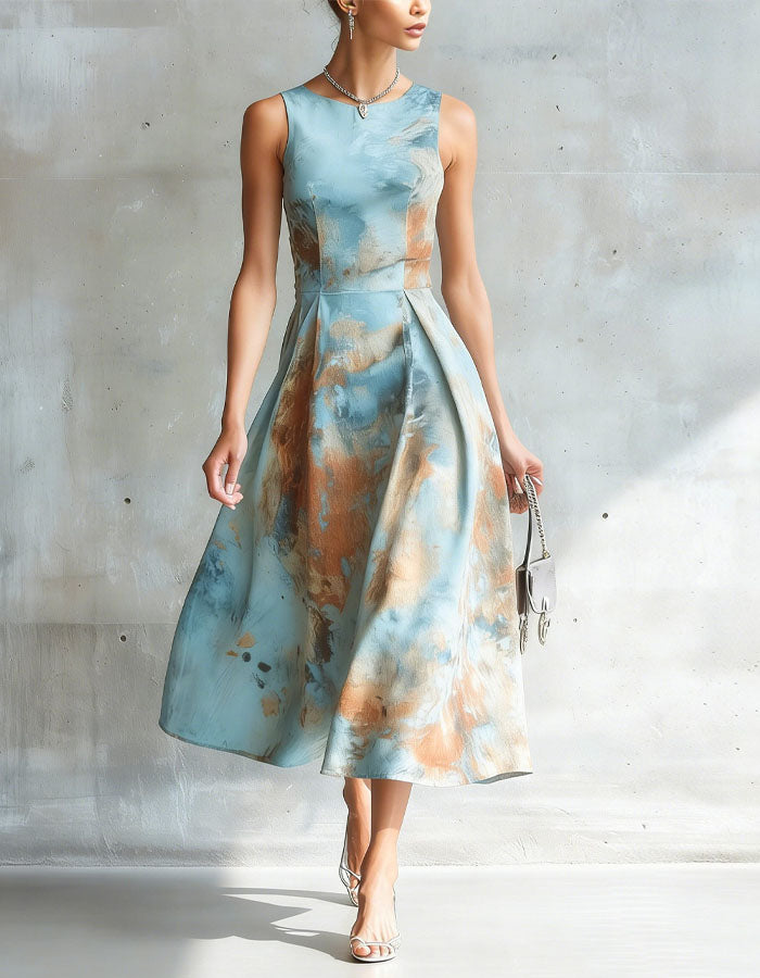 Orange Toned Sleeveless Fitted Waist Flared Midi Dress