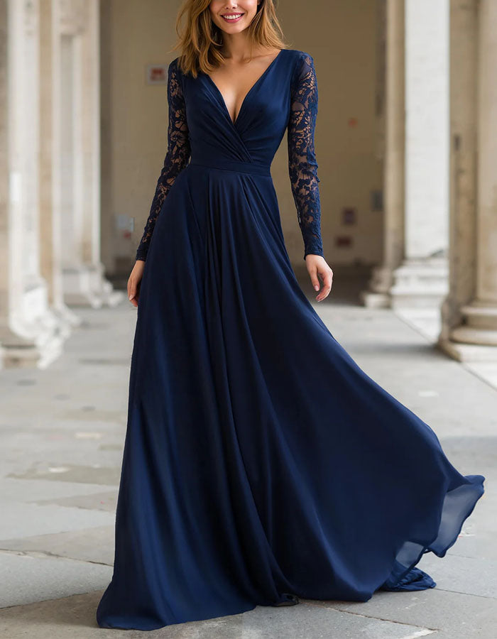 Navy Blue Lace Trimmed Chiffon Deep V-Neck  Maxi Dress