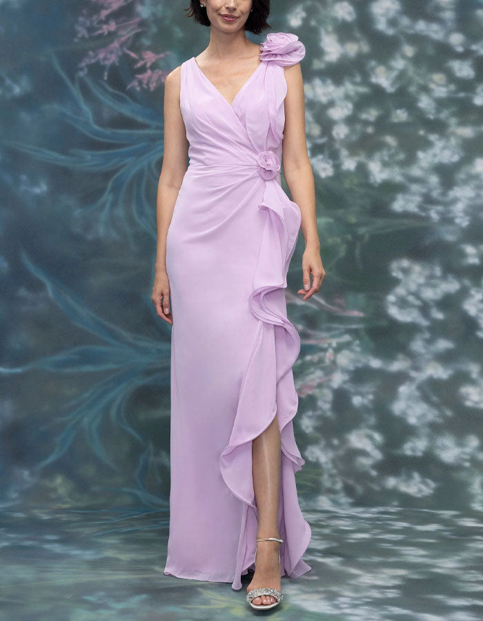 Solid Color 3D Floral Ruffle Chiffon Maxi Dress