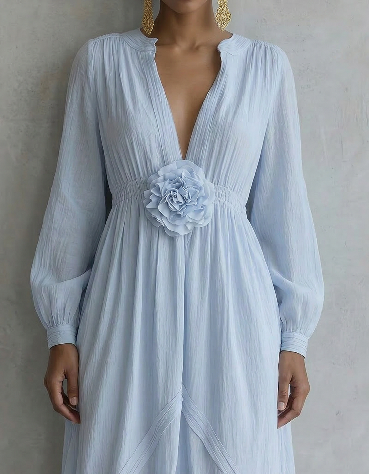 Light blue Chiffon V-neck Floral Fitted Waist Maxi Dress