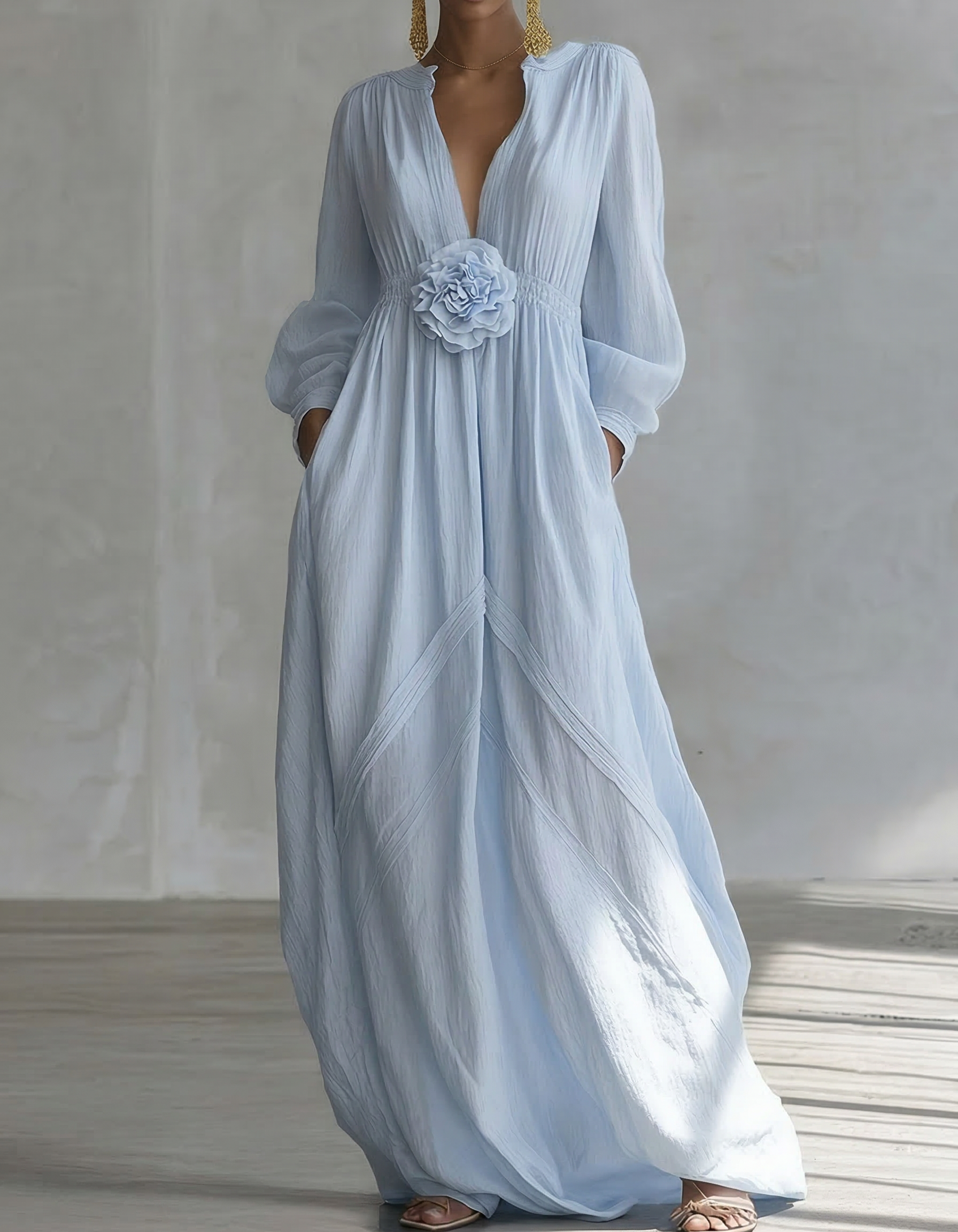 Light blue Chiffon V-neck Floral Fitted Waist Maxi Dress