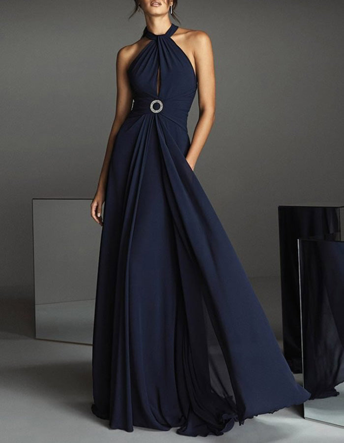 Navy Blue Chiffon Halter-Neck Maxi Dress