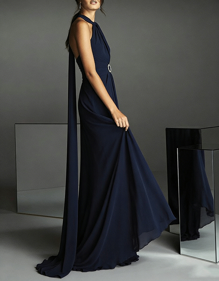 Navy Blue Chiffon Halter-Neck Maxi Dress