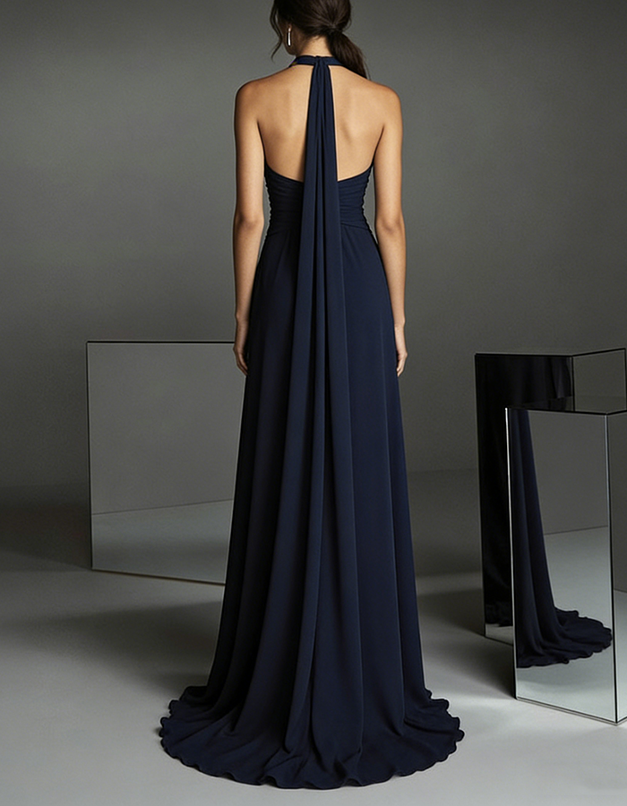 Navy Blue Chiffon Halter-Neck Maxi Dress