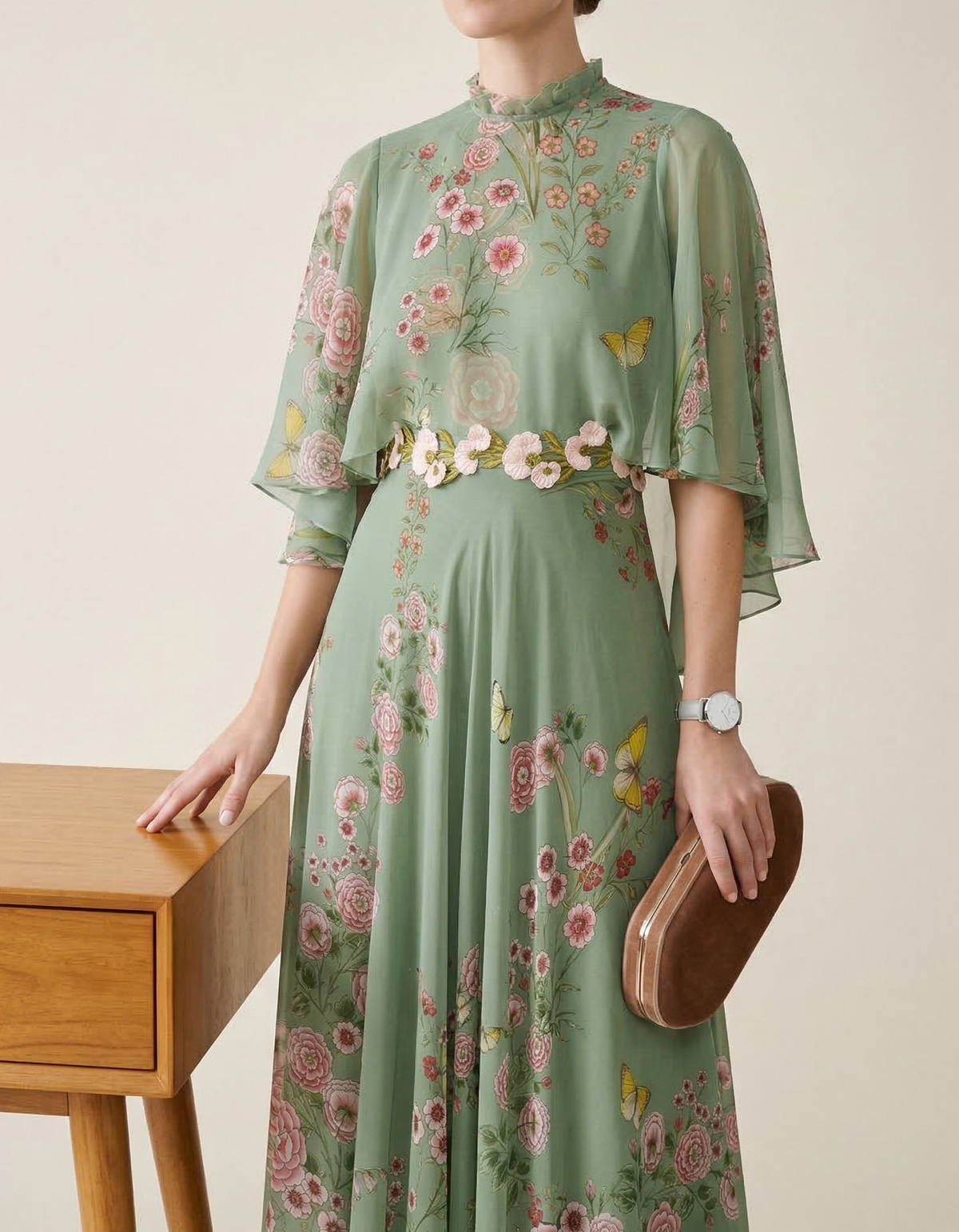 Olive Green Chiffon Printed Round Neck Maxi Dress