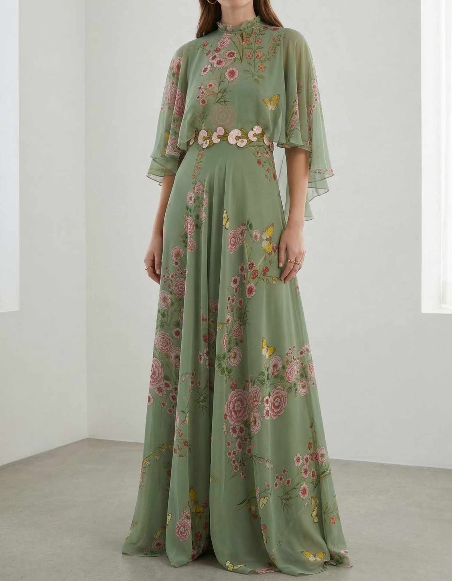 Olive Green Chiffon Printed Round Neck Maxi Dress