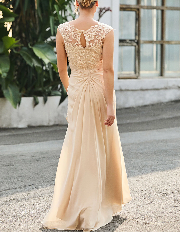 Champagne Lace V-Neck Ruffle Chiffon Maxi Dress