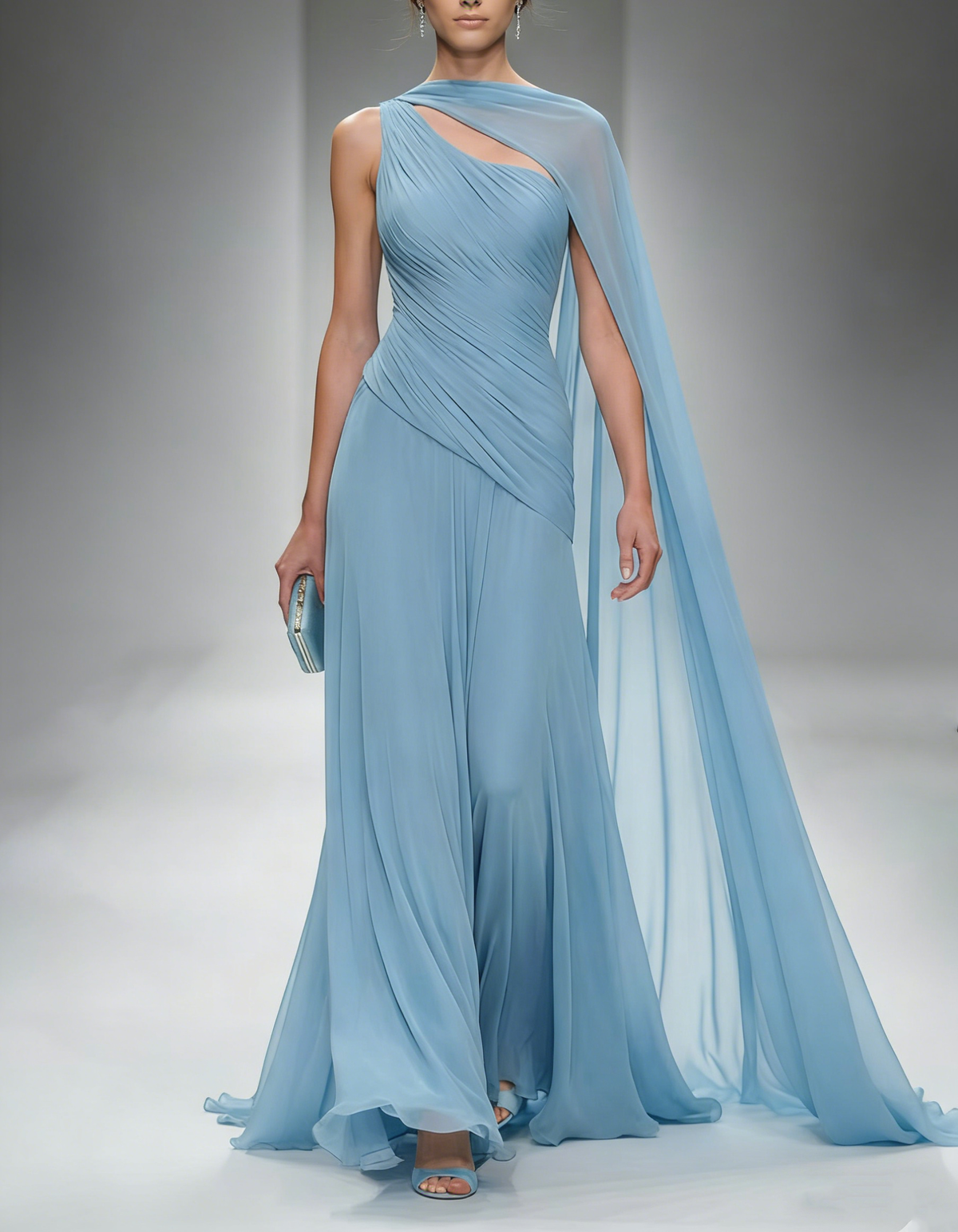 Sky Blue Chiffon One-Shoulder Cape-Sleeve Maxi Dress