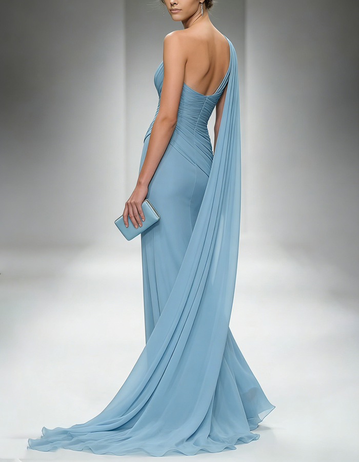 Sky Blue Chiffon One-Shoulder Cape-Sleeve Maxi Dress