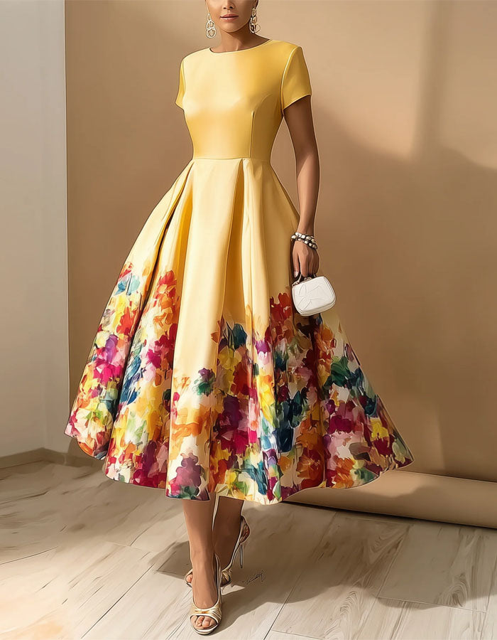 Yellow Round Neck Printed Flared Midi Dress