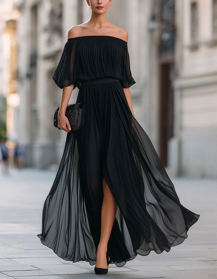 Black Off Shoulder Chiffon Slit Maxi Dress – Alizua