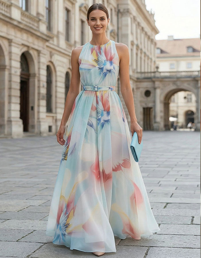 Blue Background With Iridescent Floral Halter Neck And Cinched Waist Maxi Dress