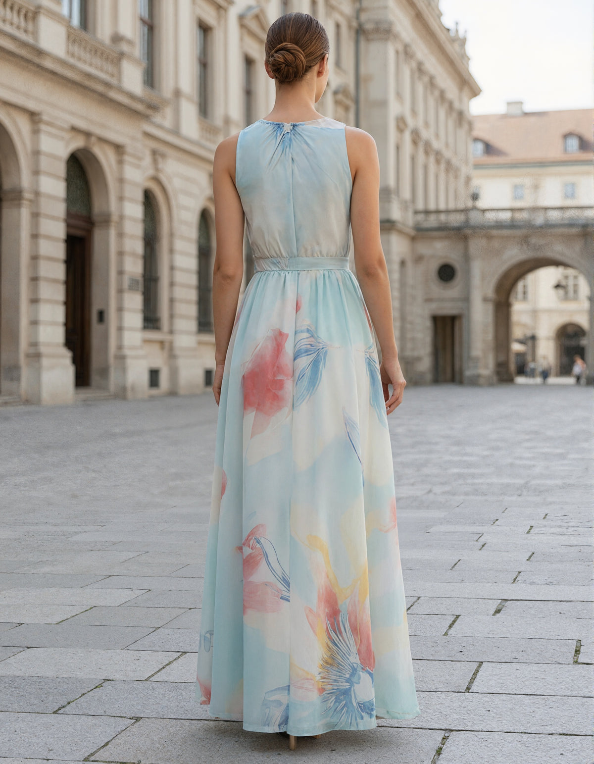 Blue Background With Iridescent Floral Halter Neck And Cinched Waist Maxi Dress