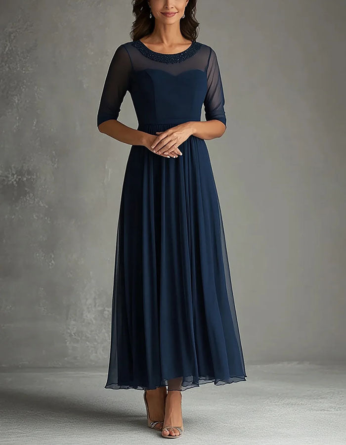 Navy Blue Mesh Sequined Waist Maxi Dress