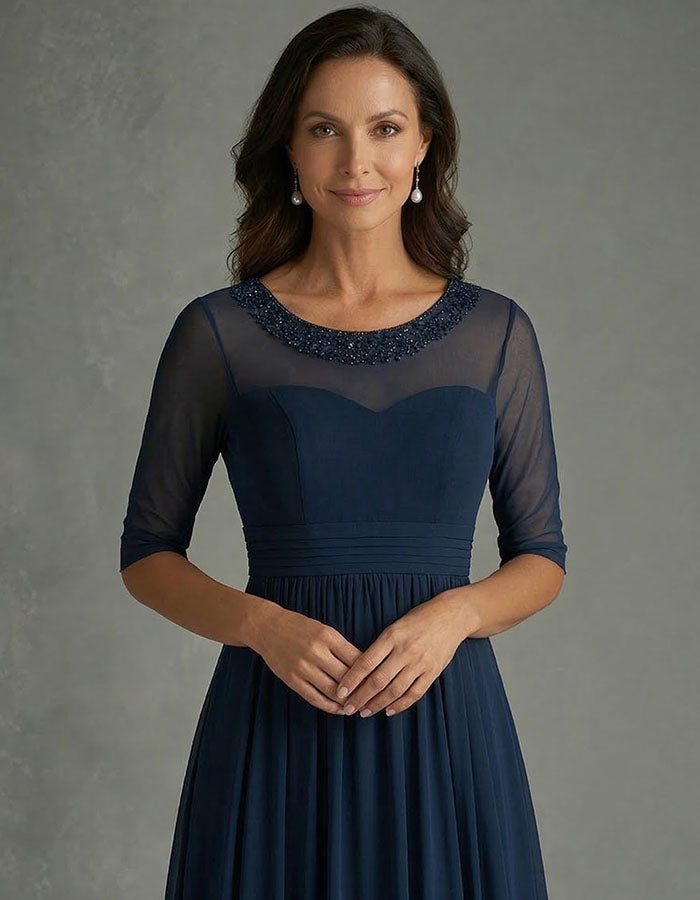 Navy Blue Mesh Sequined Waist Maxi Dress