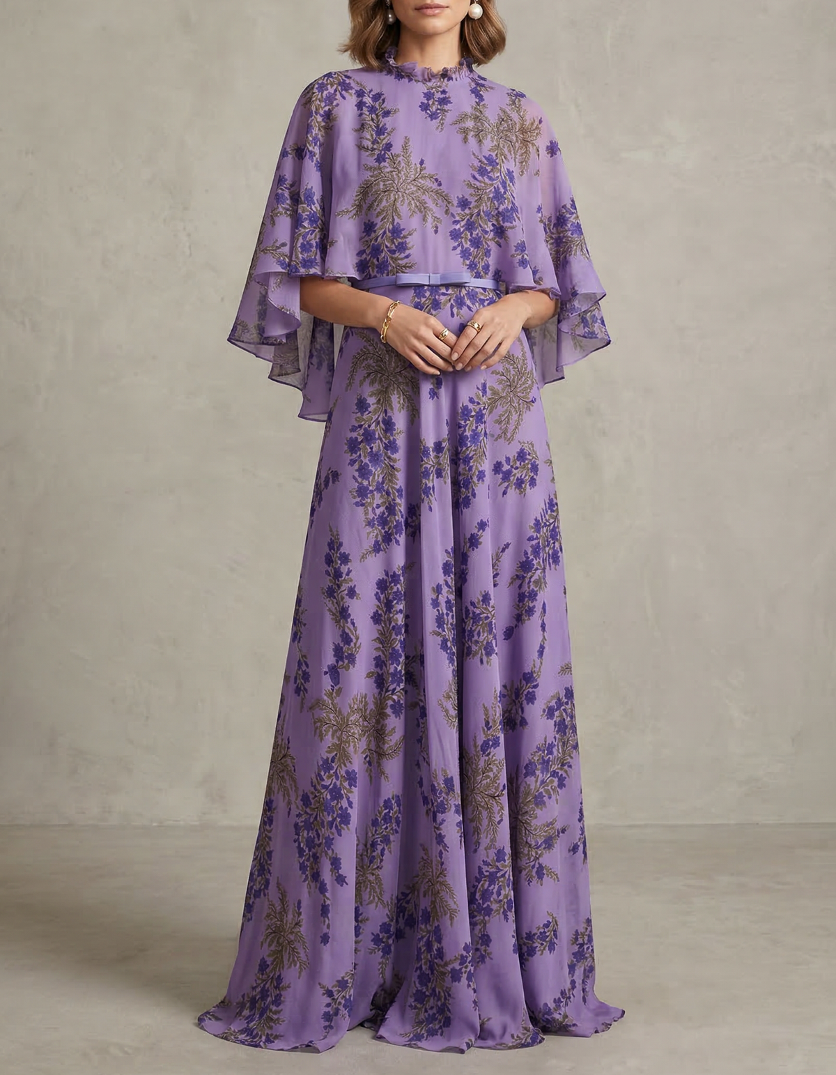 Purple Chiffon Floral Shawl Maxi Dress
