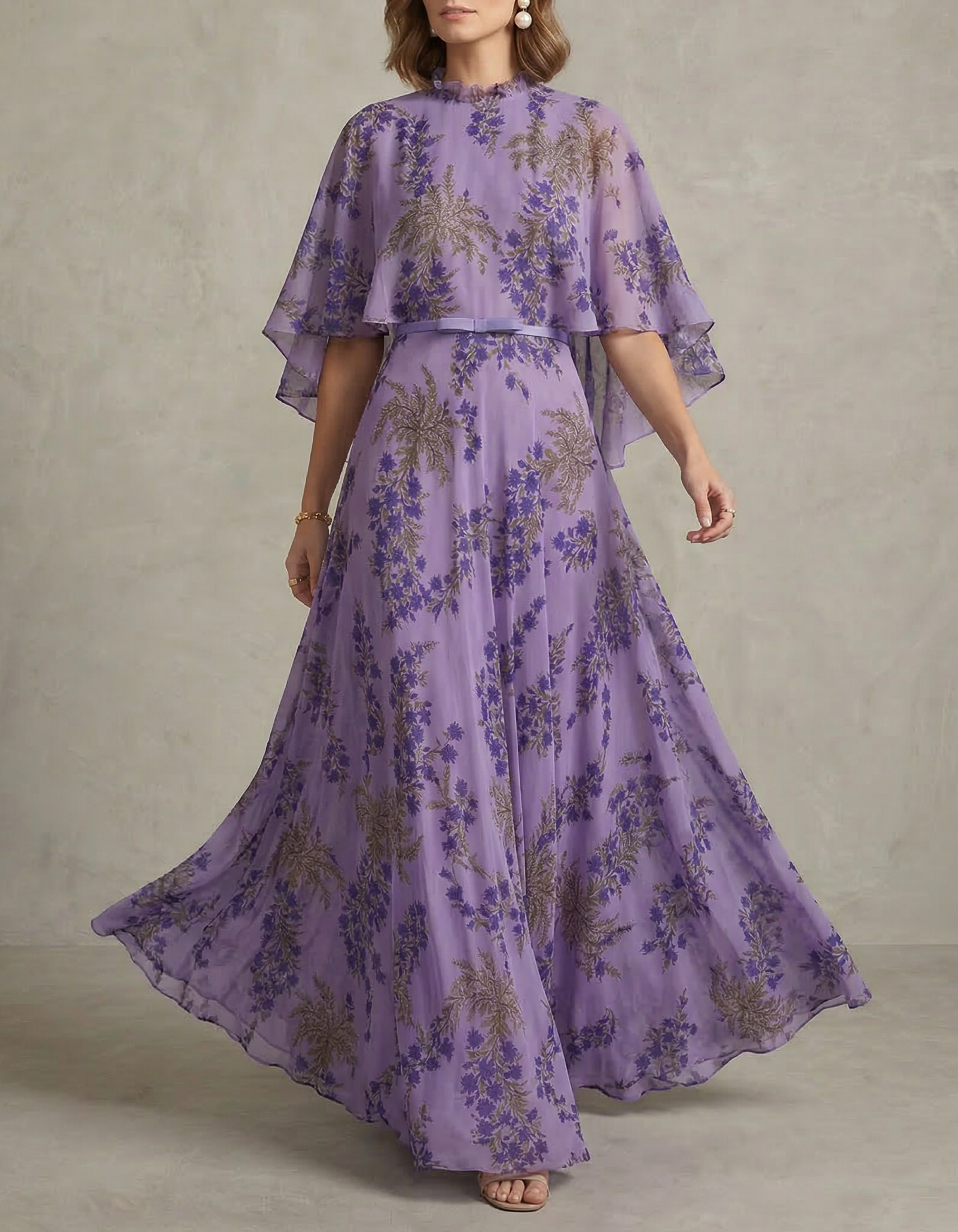 Purple Chiffon Floral Shawl Maxi Dress