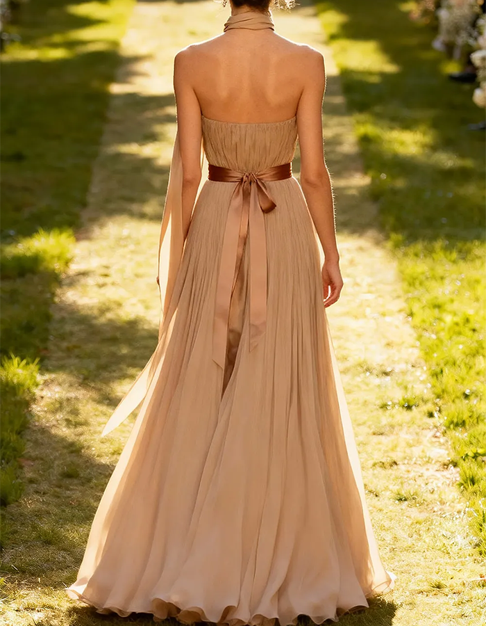Champagne Chiffon Strapless Scarf-Neck Maxi Dress