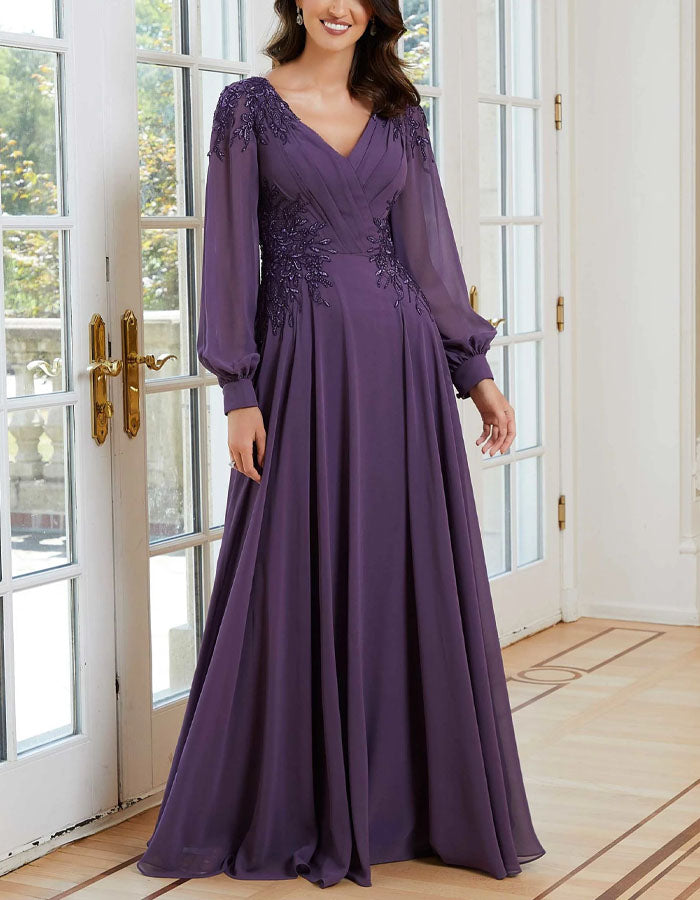 Solid Color Lace Appliqué Chiffon Maxi Dress