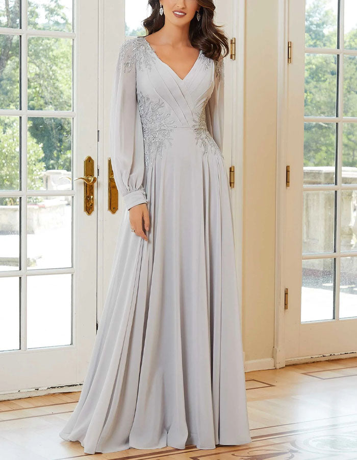 Solid Color Lace Appliqué Chiffon Maxi Dress
