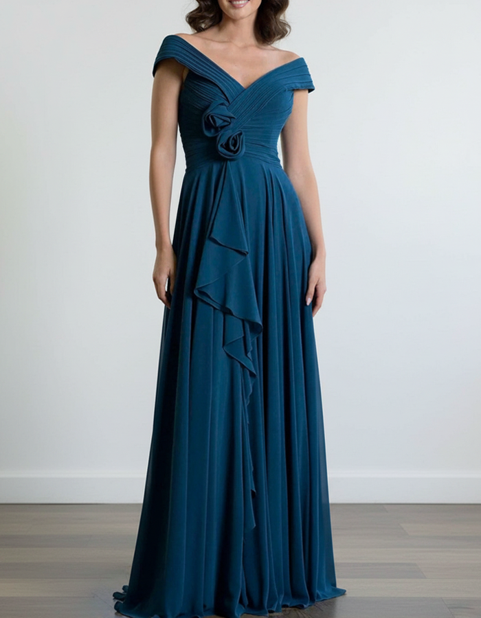 Off-Shoulder Chiffon Rose Maxi Dress