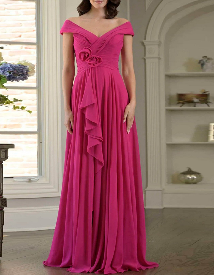Off-Shoulder Chiffon Rose Maxi Dress
