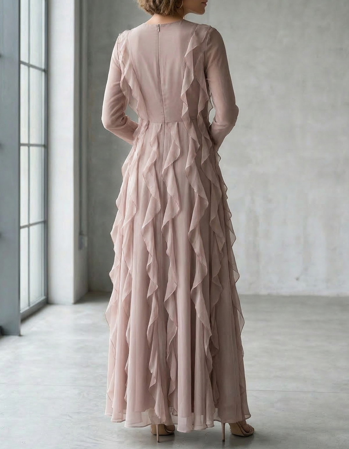 Grayish Purple Chiffon Round Neck Ruffle Maxi Dress