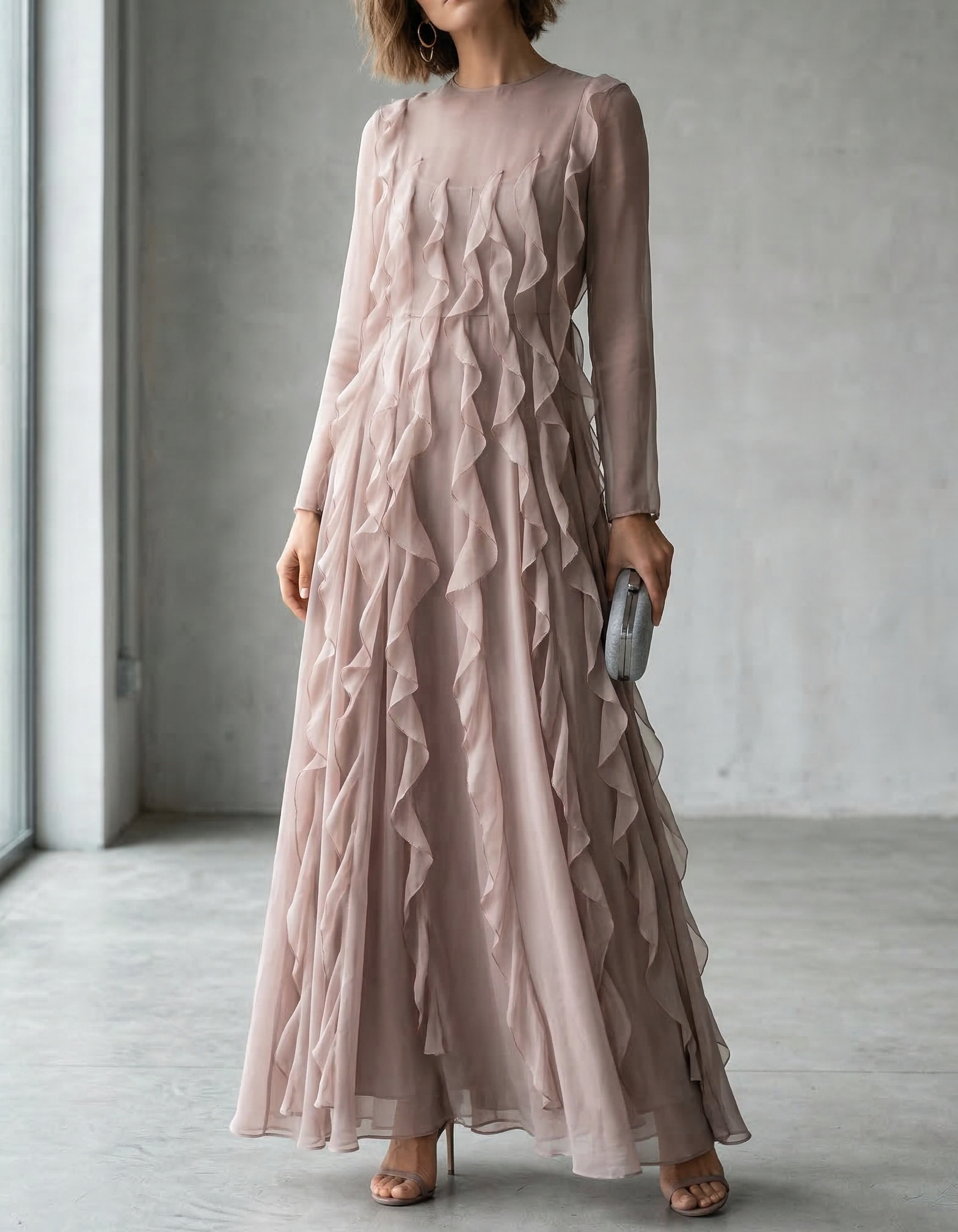 Grayish Purple Chiffon Round Neck Ruffle Maxi Dress