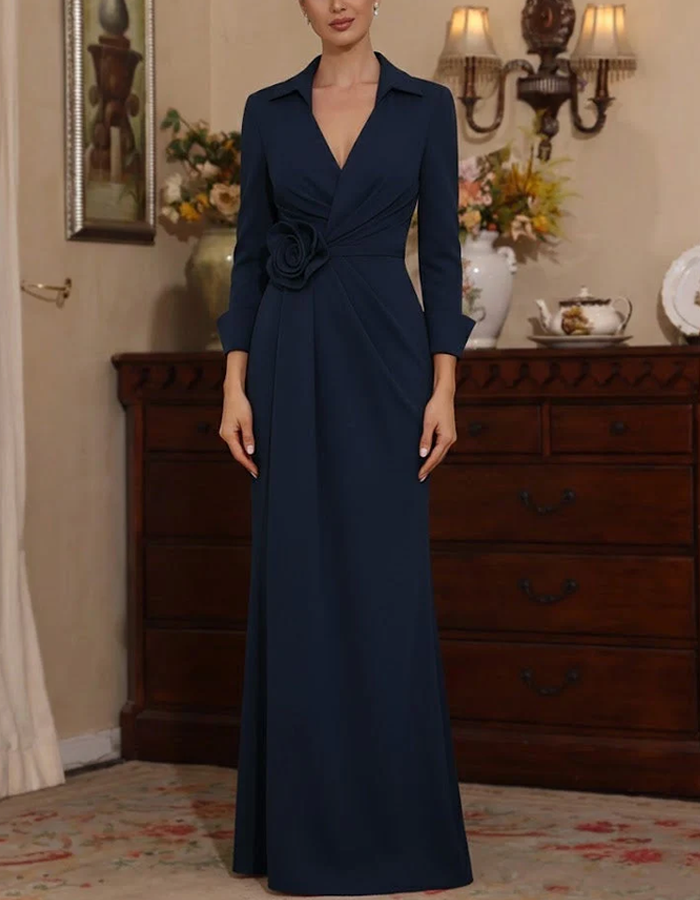 Lapel V-Neck Long-Sleeve Rose Maxi Dress