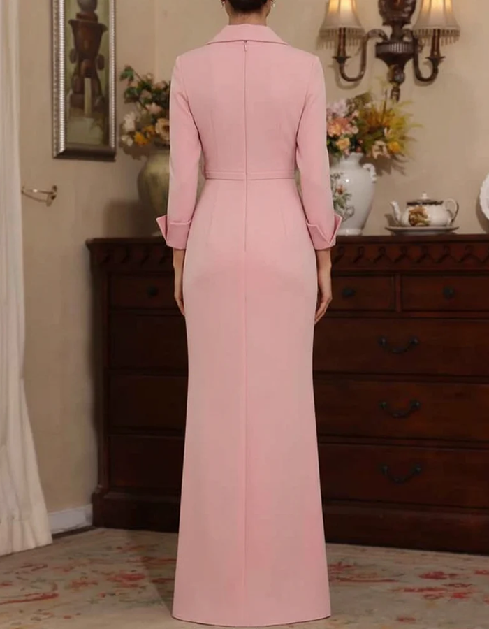 Lapel V-Neck Long-Sleeve Rose Maxi Dress