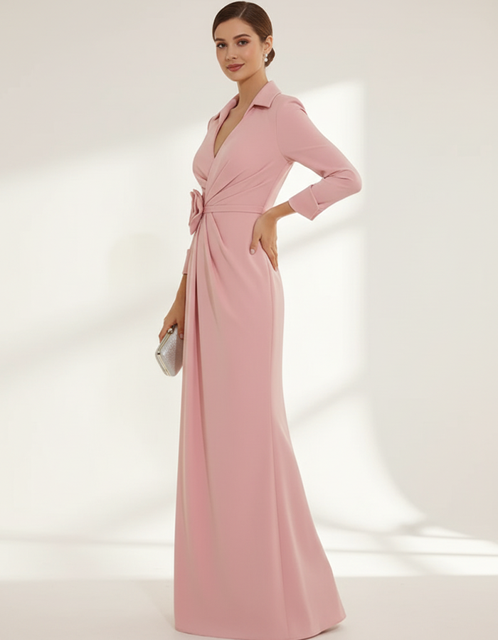 Lapel V-Neck Long-Sleeve Rose Maxi Dress