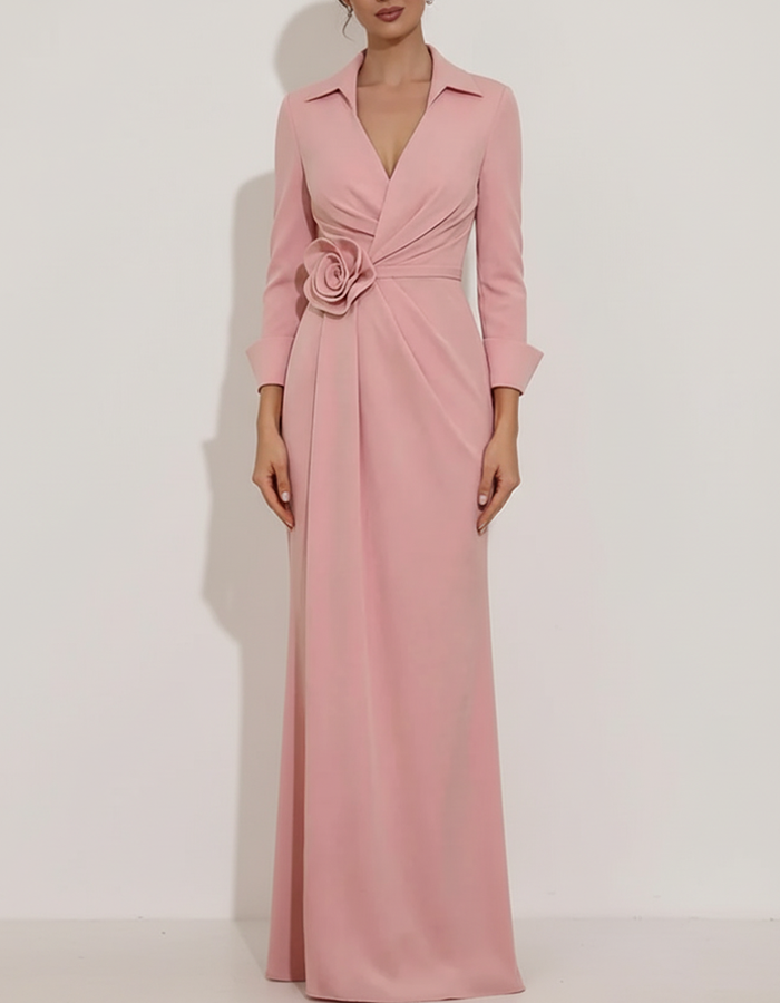 Lapel V-Neck Long-Sleeve Rose Maxi Dress