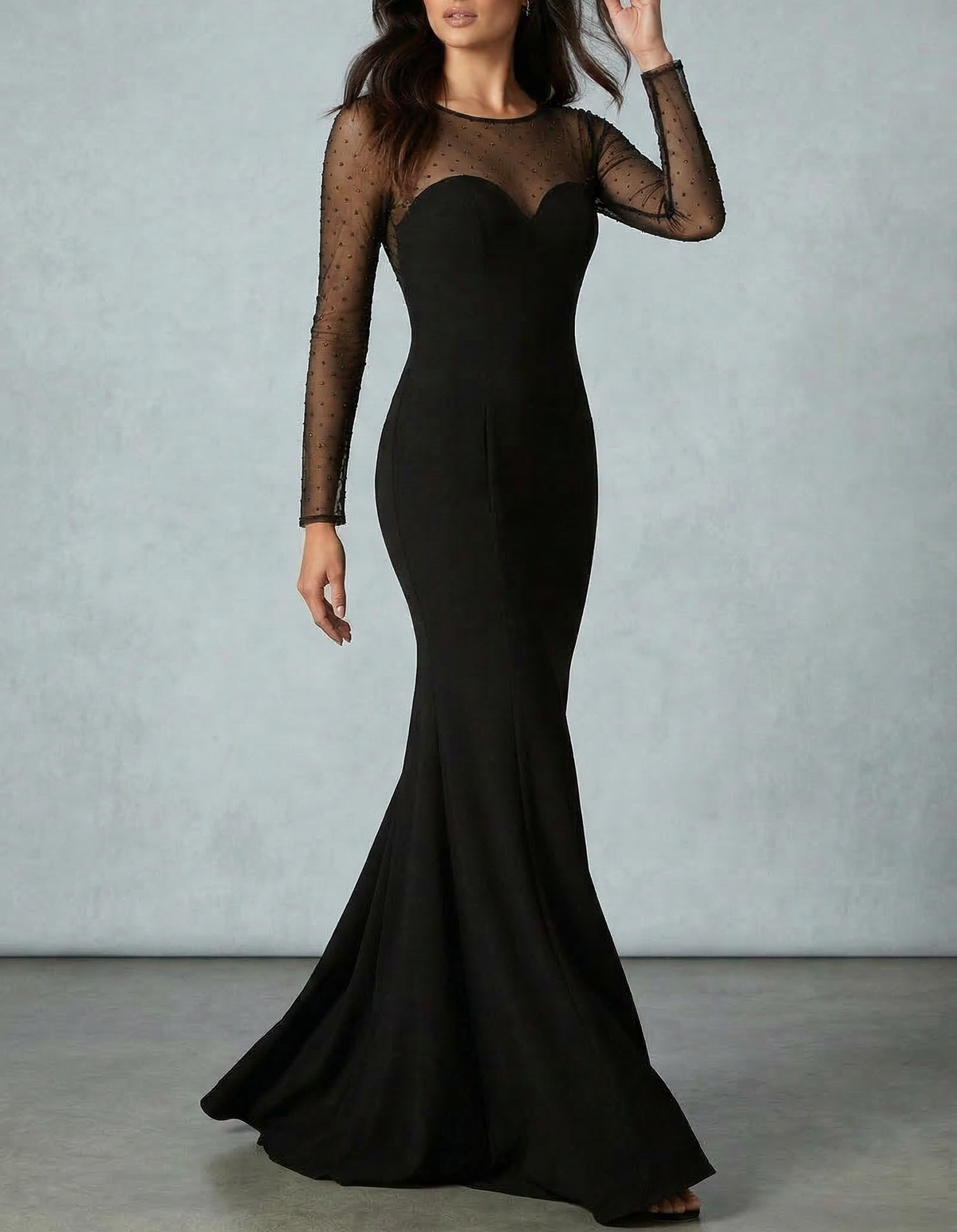 Black Chiffon Mesh Diamond Fishtail Maxi Dress