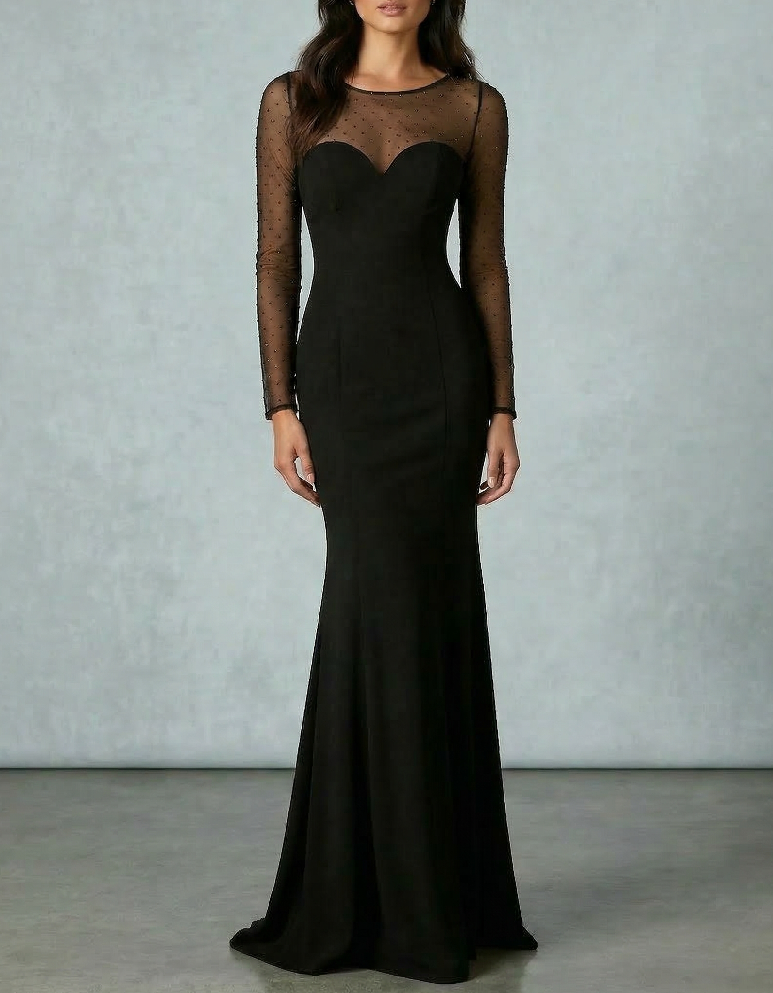 Black Chiffon Mesh Diamond Fishtail Maxi Dress