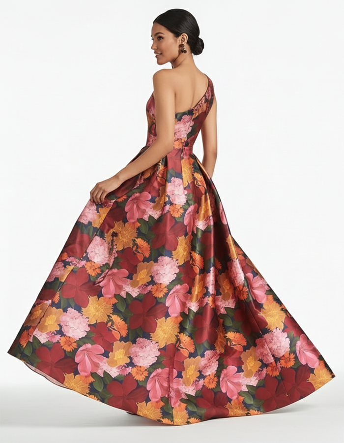 One-Shoulder Floral Satin Maxi Dress