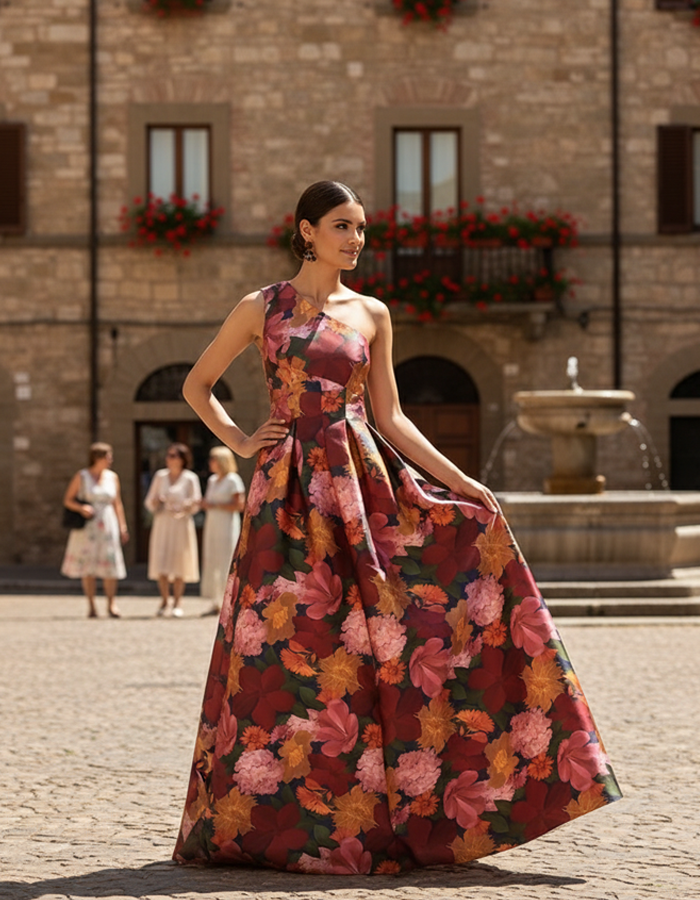 One-Shoulder Floral Satin Maxi Dress