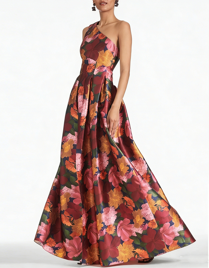 One-Shoulder Floral Satin Maxi Dress