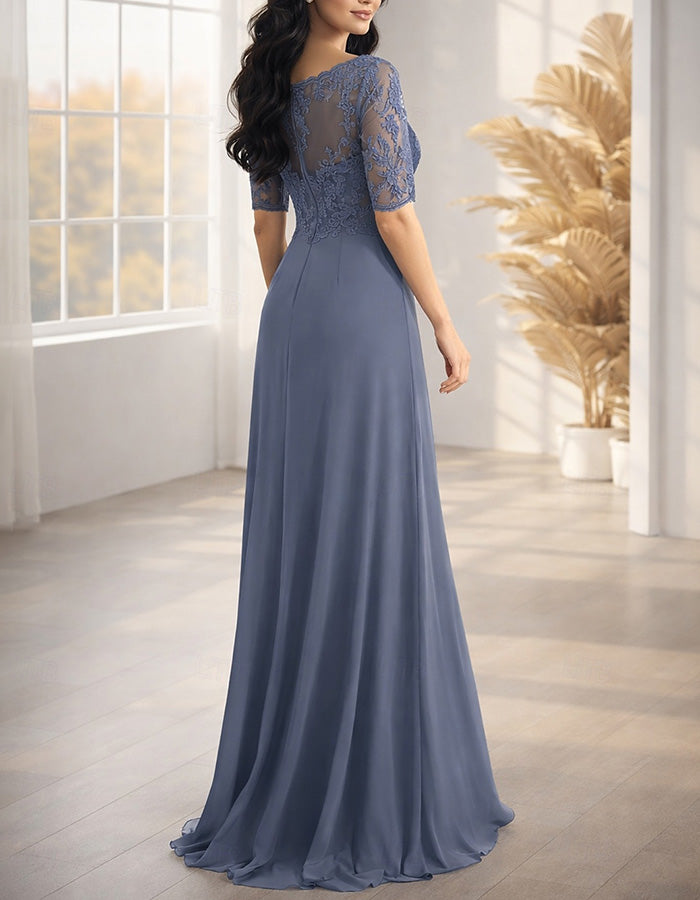 Dusty Blue Lace Chiffon V-Neck Maxi Dress