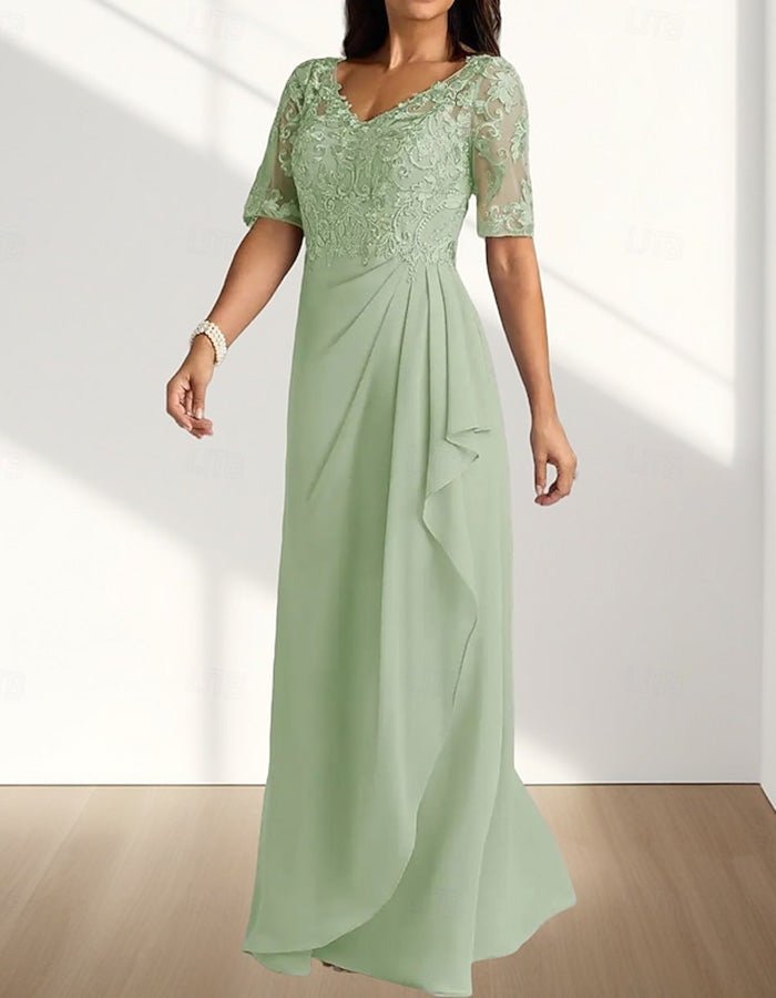 Dusty Blue Lace Chiffon V-Neck Maxi Dress