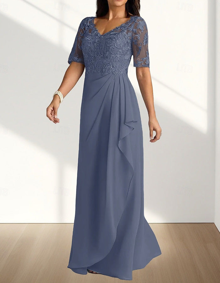 Dusty Blue Lace Chiffon V-Neck Maxi Dress