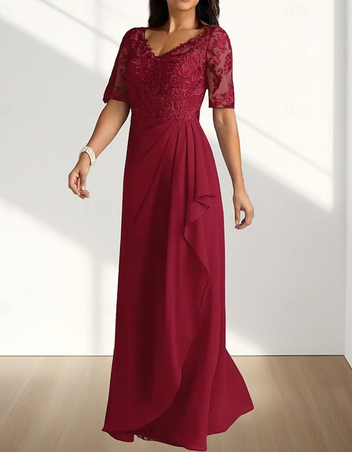 Dusty Blue Lace Chiffon V-Neck Maxi Dress