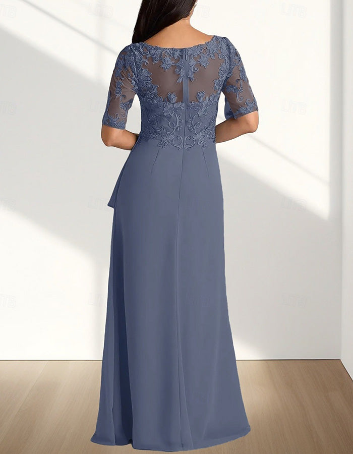 Dusty Blue Lace Chiffon V-Neck Maxi Dress