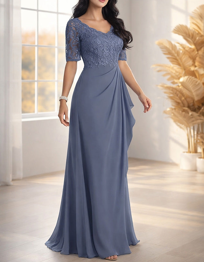 Dusty Blue Lace Chiffon V-Neck Maxi Dress