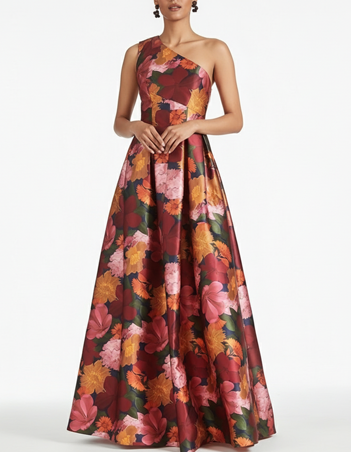 One-Shoulder Floral Satin Maxi Dress