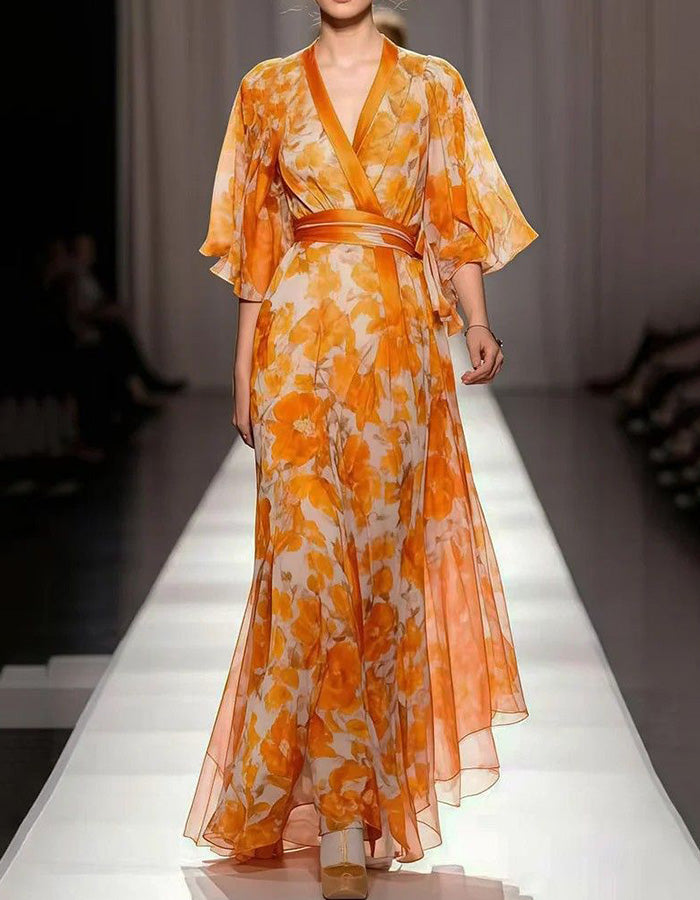 Orange Floral Chiffon Wrap Maxi Dress
