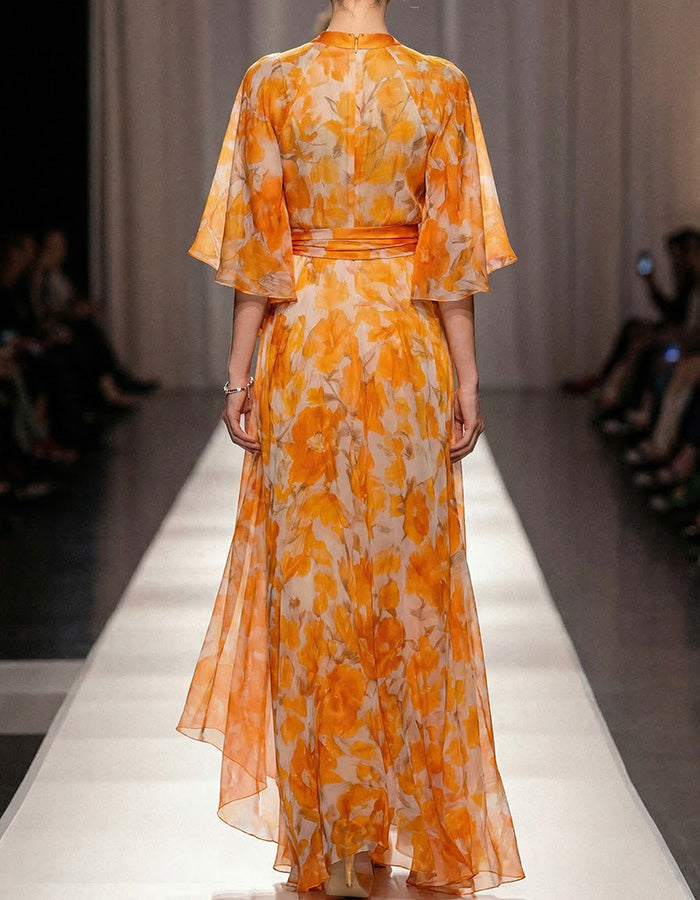 Orange Floral Chiffon Wrap Maxi Dress